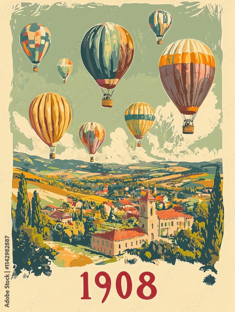 Multiple vibrant hot air balloons soar through a clear sky above a picturesque village with green hills and historic buildings, capturing the spirit of adventure in 1908.