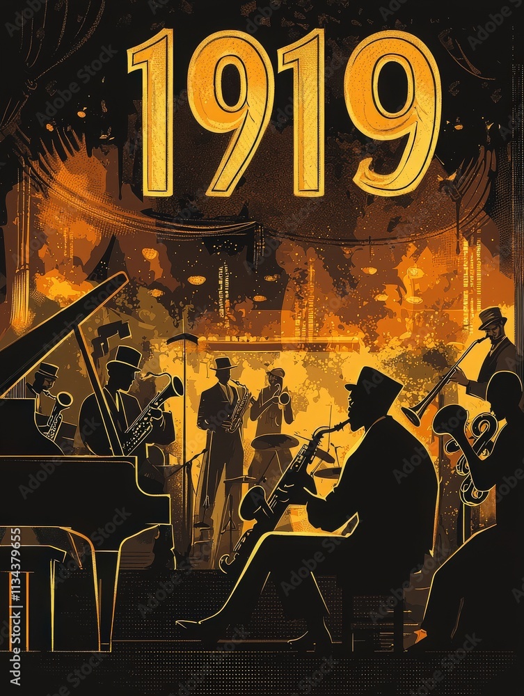 Musicians gather on stage, playing various instruments in a lively atmosphere reminiscent of 1919. The shadows of the performers contrast with warm lighting, creating a celebratory mood.