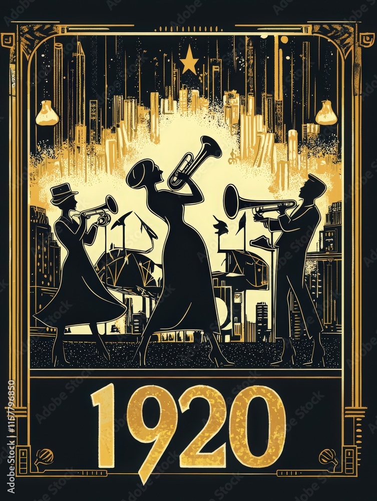 Musicians play brass instruments under bright lights in a bustling city backdrop, evoking the lively atmosphere of the 1920s. The city skyline adds to the festive vibe of the night.