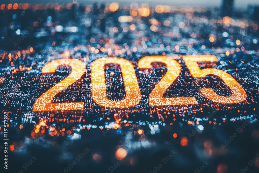 Numbers 2025 glow brightly over a sprawling city at dusk, showcasing a web of lights below. The vibrant display captures the essence of a bustling urban environment as night falls.