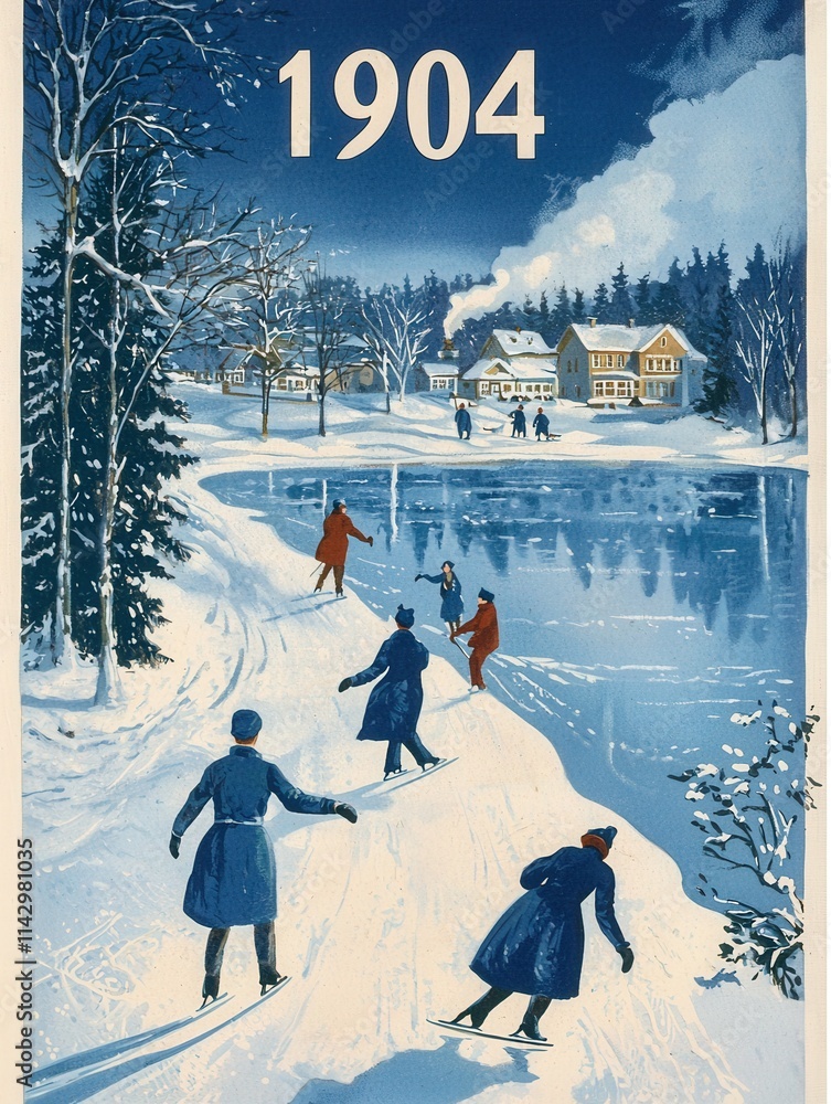 People enjoy ice skating and walking along a frozen lake, surrounded by snow-covered trees and quaint houses. The scene captures the charm of a winter day in 1904.