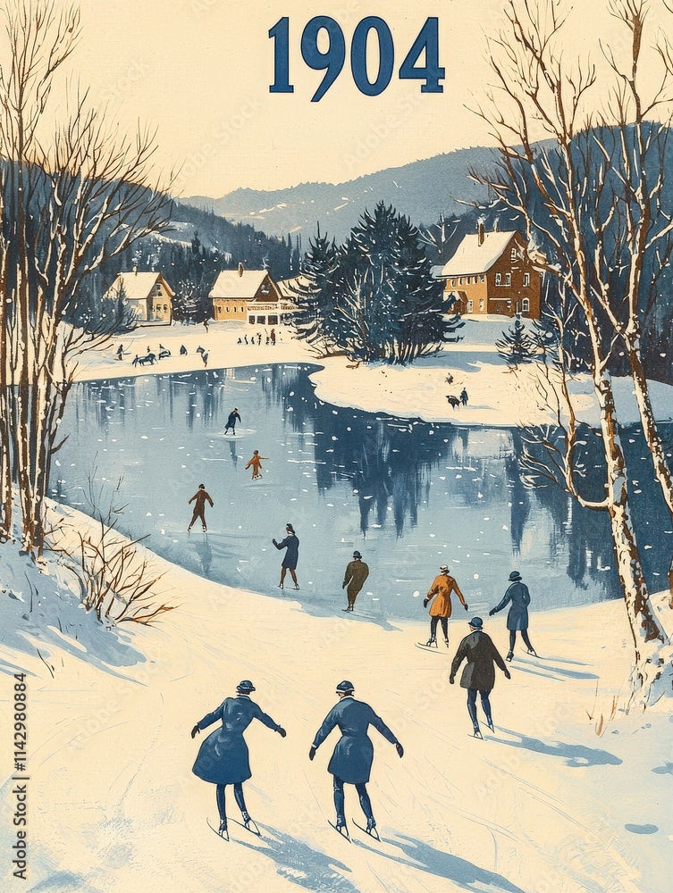 People skate on a frozen pond surrounded by snow-covered trees and charming houses. The winter setting evokes a nostalgic atmosphere, celebrating outdoor fun from 1904.