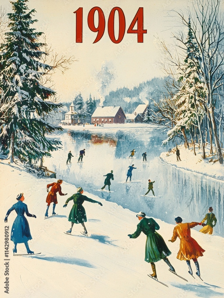 People skate on a frozen river surrounded by snow-covered trees and red cottages in a winter landscape from 1904. Vibrant clothing adds color to the serene scene of winter fun.