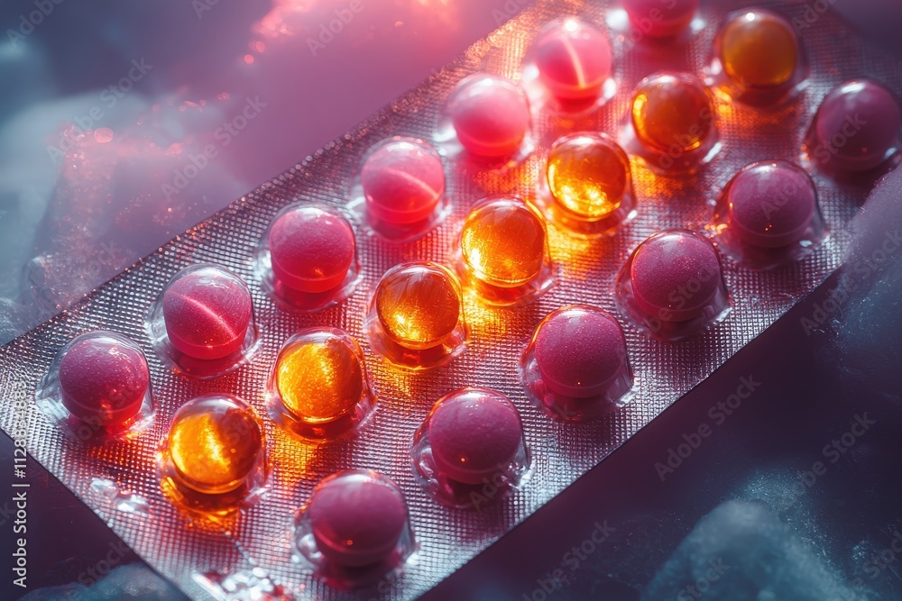 Pill capsules in shades of pink and orange are arranged neatly on a blister pack. The lighting creates a vibrant glow, highlighting their smooth surfaces against a contrasting background.