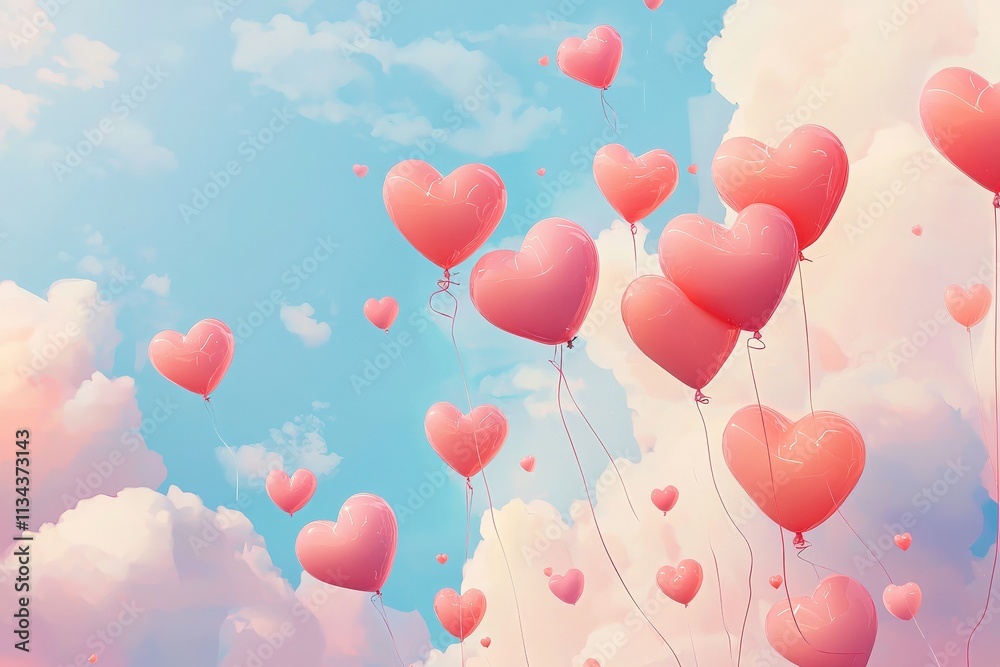 Pink heart-shaped balloons drift through a clear blue sky adorned with soft, fluffy clouds. This cheerful scene evokes feelings of love and joy, perfect for celebrations.