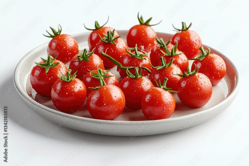 Plump cherry tomatoes, glistening with moisture, are artfully arranged on a simple white plate. Their vibrant red color contrasts beautifully with the plain background.