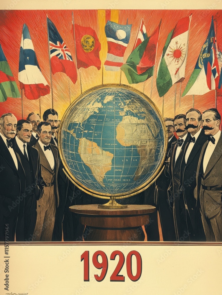 Prominent men in formal attire stand around a large globe, symbolizing unity and diplomacy in 1920. National flags hang above, representing global cooperation and international relations.