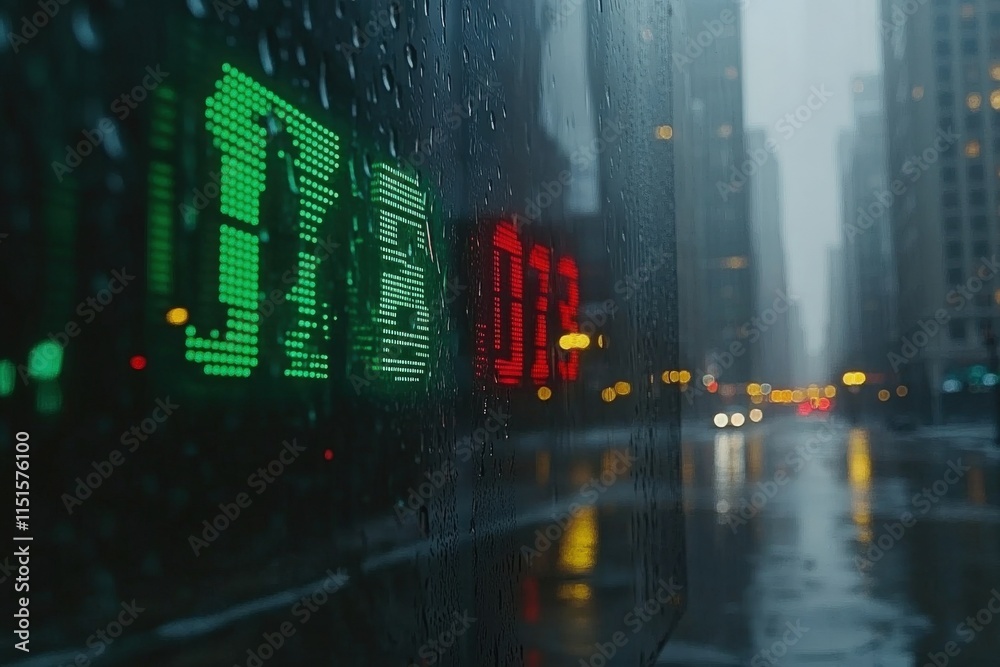 Raindrops cling to a window while vibrant traffic lights shine in green and red. City buildings loom nearby as cars drive through the wet streets during early evening.