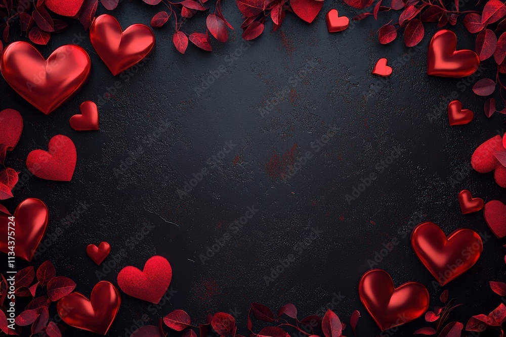 Red hearts and green leaves form a romantic border against a dark textured background, creating an inviting atmosphere perfect for special occasions or celebrations of love.