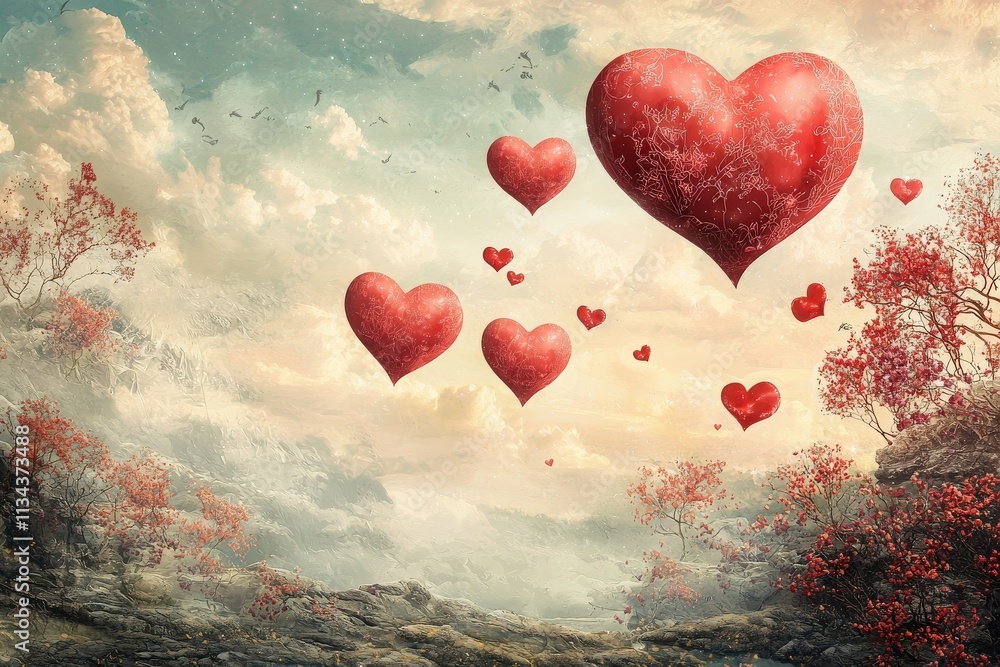 Red hearts drift through a serene landscape filled with trees and soft clouds at sunset. The warm glow of the sky creates a romantic atmosphere, inviting feelings of love and joy.