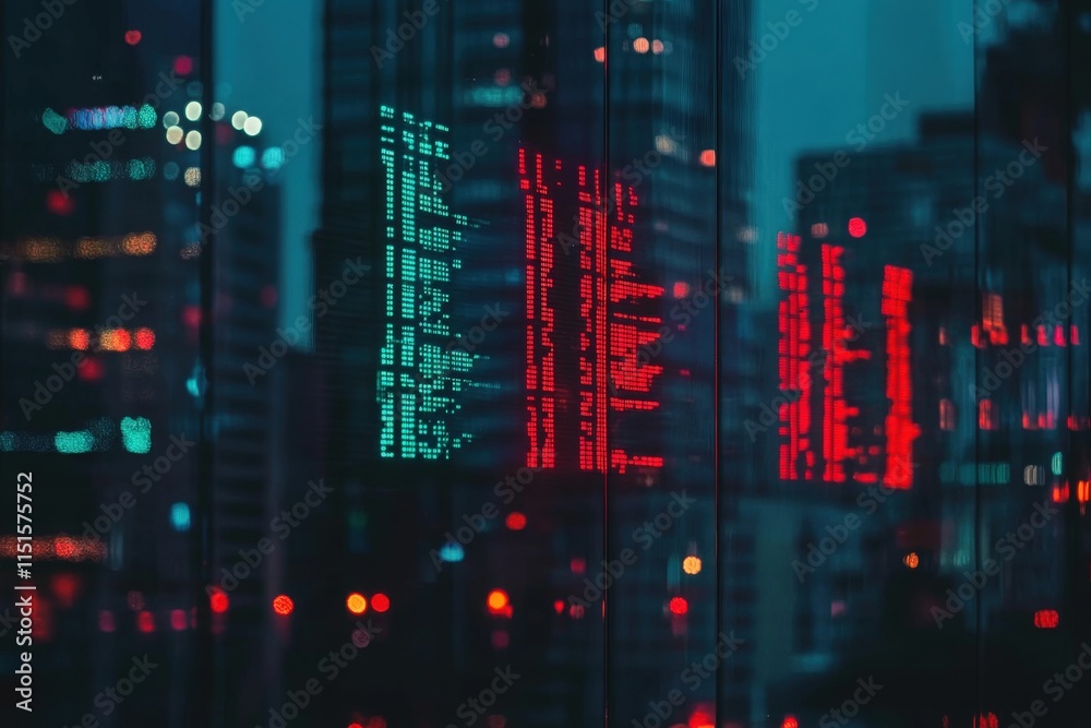 Reflections of illuminated buildings create a vibrant display in the evening cityscape. Red and green lights contrast against a darkening sky, showcasing urban beauty and life.