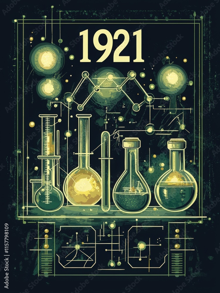 Retro styled artwork displays various laboratory glassware, including flasks and beakers, set against a background of scientific illustrations and molecular structures from the year 1921.