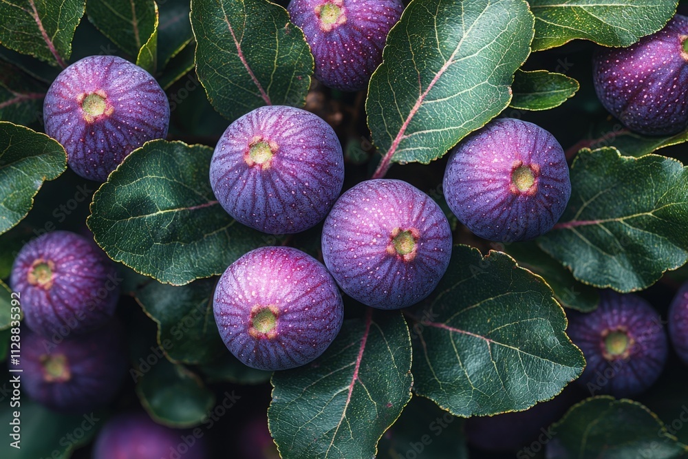Ripe figs with a deep purple hue are surrounded by lush green leaves, capturing the essence of late summer harvest in a garden. The rich colors are inviting and appealing to the eye.