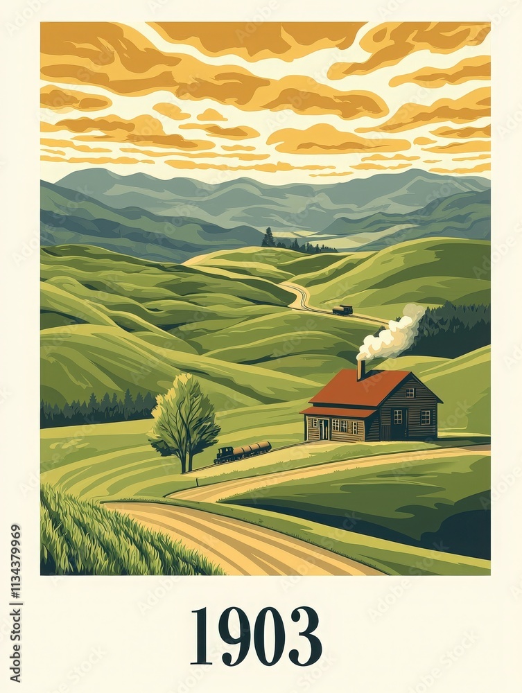 Rolling green hills stretch under a vibrant sky filled with clouds, while a charming house with a chimney sits along a winding dirt road.
