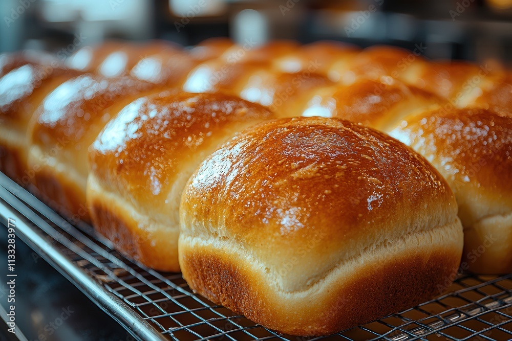 Rows of freshly baked, golden brown bread rolls sit cooling on a wire rack in a bustling bakery. The soft texture and shiny crust indicate they are made with care and attention.