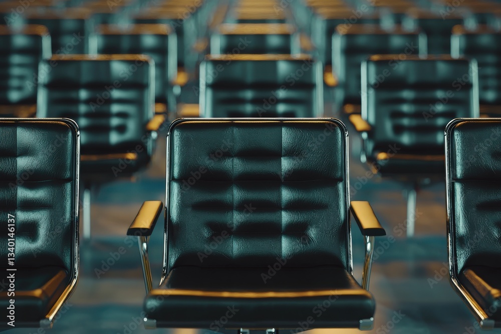 Rows of sleek black chairs are arranged in a spacious conference room designed for events.