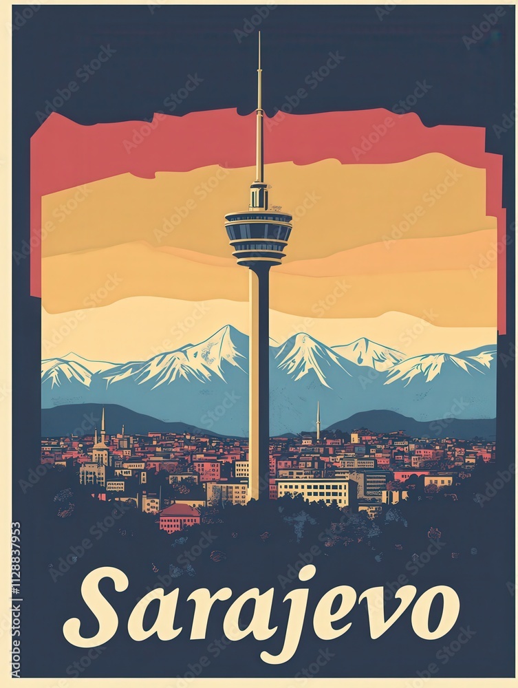 Sarajevo showcases its famous TV tower rising above the city, surrounded by picturesque mountains at sunset. The vibrant skyline reflects a rich cultural heritage and natural beauty.