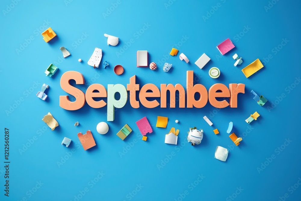 September is creatively showcased with bold, colorful letters surrounded by various playful objects. The vibrant blue background enhances the cheerful atmosphere, inviting curiosity.