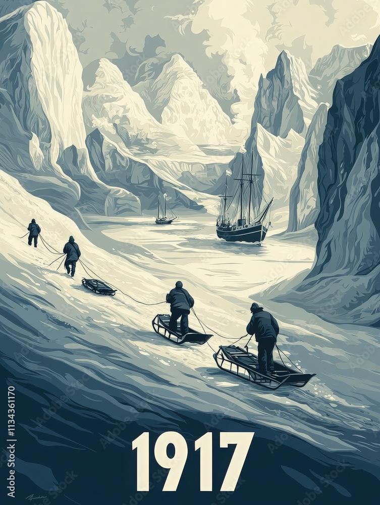 Set in 1917, a group of explorers traverses a snowy landscape using sleds. Icebergs loom around them, and a ship is seen navigating the chilly water in the distance.