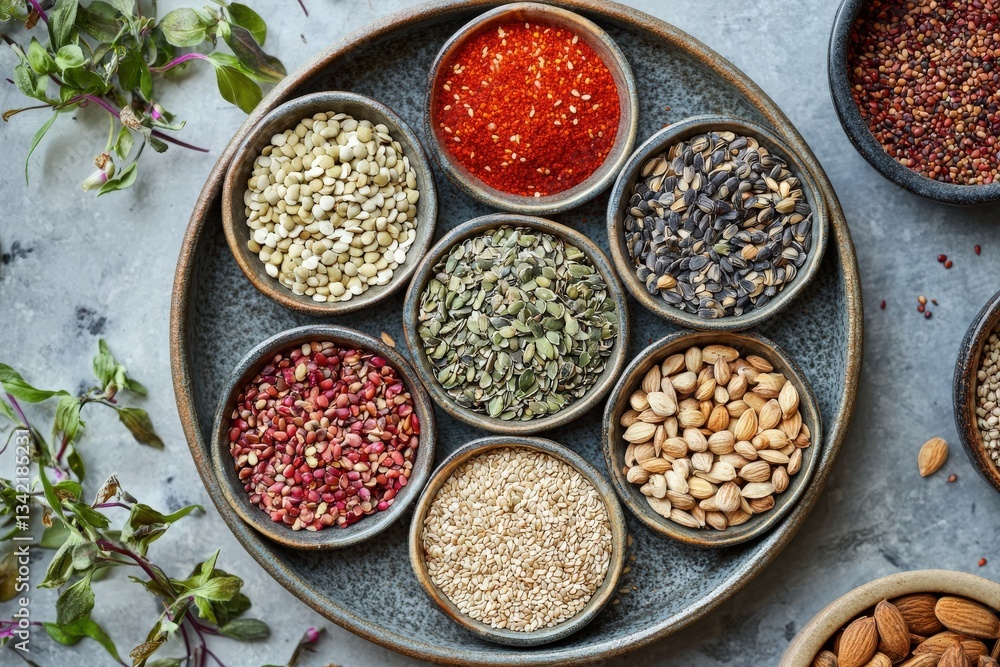 Seven small bowls filled with various spices sit on a round plate. The vibrant colors and textures of the spices create an appealing sight, enhancing the kitchen atmosphere.