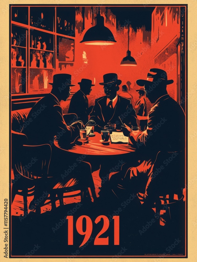 Several men are seated around a table in a dimly lit venue, discussing and enjoying drinks. The atmosphere exudes a nostalgic charm reminiscent of the early 20th century.
