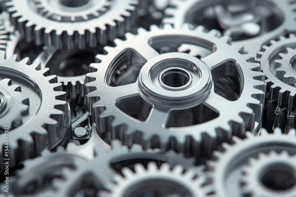 Several metallic gears are intricately arranged, highlighting their detailed teeth and smooth surfaces. The image captures the essence of mechanical engineering and the complexity of machinery.
