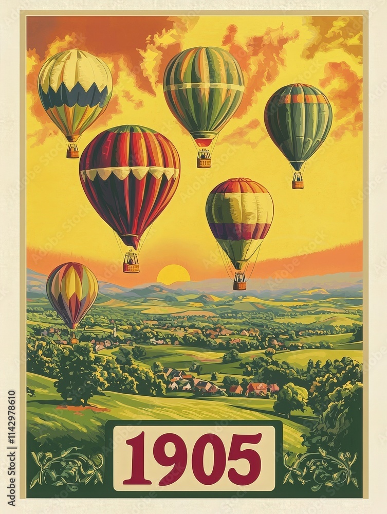 Several vibrant hot air balloons float gracefully above lush green fields and quaint homes during a stunning sunset. The golden light enhances the scenic beauty of the landscape.