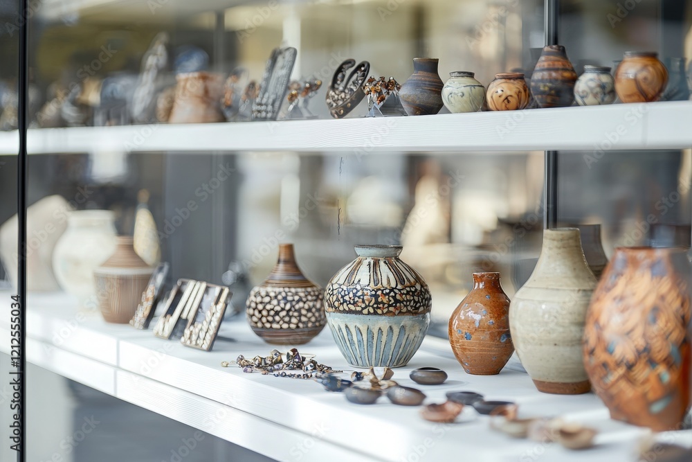 Shelves in a contemporary exhibition display a variety of handcrafted pottery. Unique pieces highlight intricate designs and textures, celebrating traditional artistic skills in a serene setting.