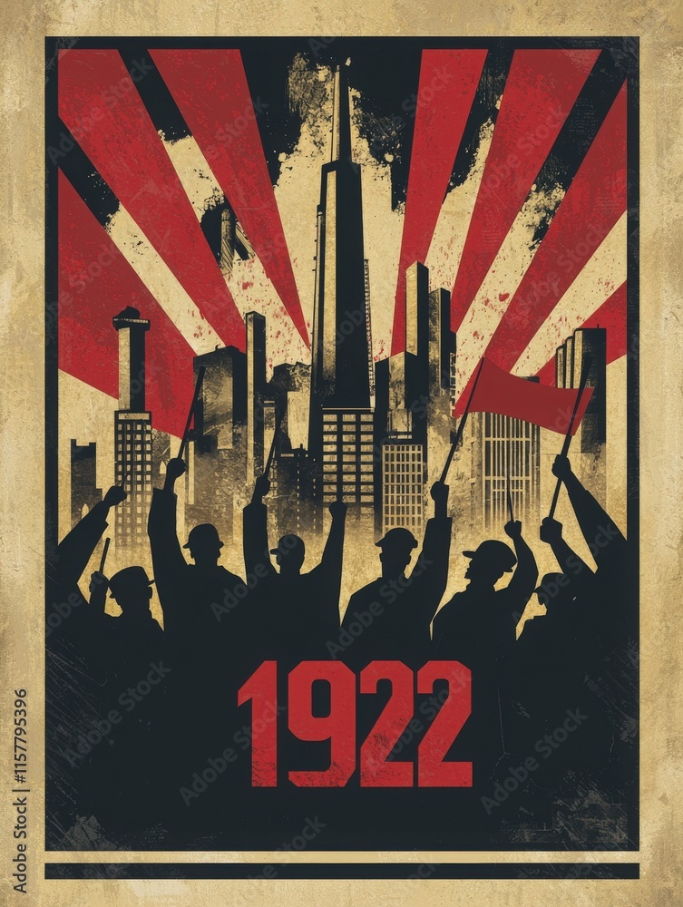 Silhouetted figures hold weapons aloft against a backdrop of a stylized city skyline. The year 1922 is prominently displayed, encapsulating a moment of resistance and change.
