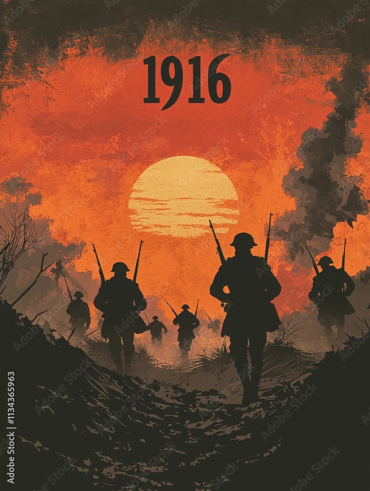 Silhouetted soldiers are seen walking through a barren landscape at sunset, surrounded by smoke. The year 1916 is prominently displayed, hinting at a notable battle or war effort from World War I.