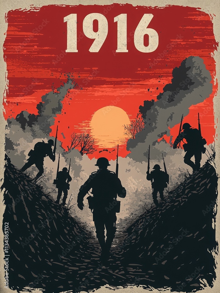 Silhouetted soldiers move through a war-torn landscape at sunset in 1916. Smoke billows in the air as the sun sets, creating a haunting backdrop of courage and struggle.
