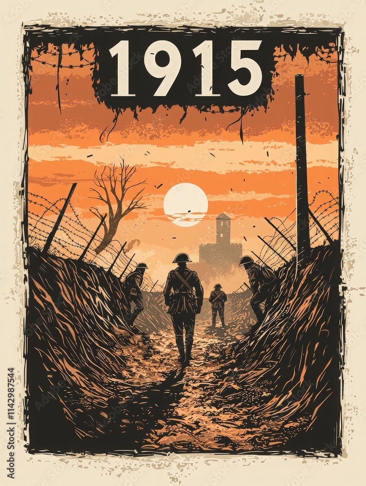 Silhouetted soldiers navigate a trench as the sun sets behind a distant castle in a 1915 wartime scene. The landscape features barbed wire and a dramatic sky with dark clouds and birds.
