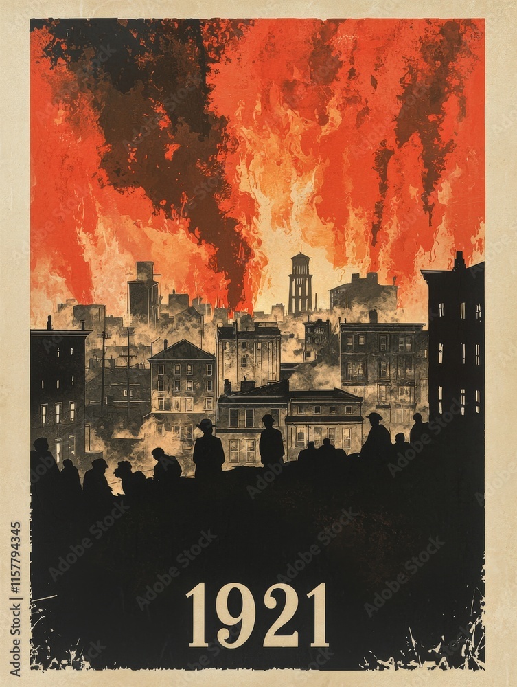 Silhouettes of people stand in awe as a city burns in the background, showing dramatic flames and smoke. This striking scene captures the intensity of a tragic event in 1921.