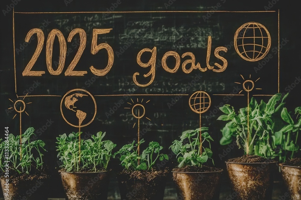 Small potted plants are displayed with a chalkboard backdrop featuring sustainability goals for 2025. The artwork highlights global unity and environmental awareness through visual elements.