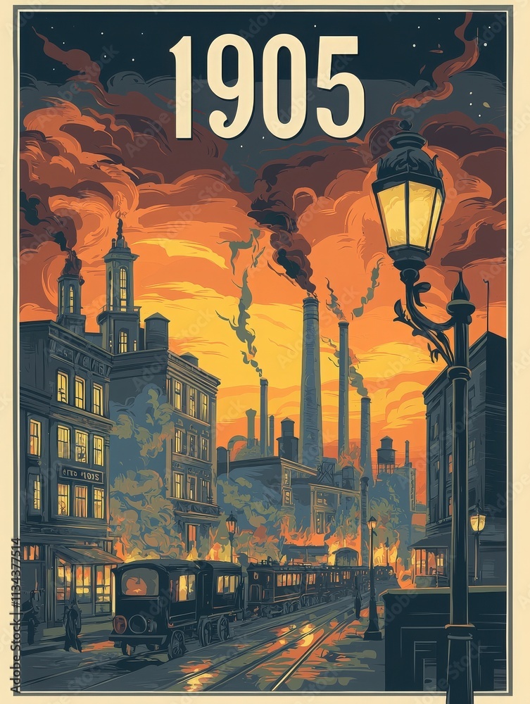 Smoke billows from factory chimneys as a vintage steam train passes through a bustling city street at dusk in 1905. Street lamps illuminate the scene, highlighting the industrial landscape.