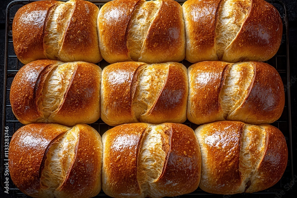 Soft and fluffy dinner rolls are arranged neatly on a wire rack, showcasing their golden brown crust and delicate texture. The warmth of the bread invites a cozy atmosphere in the kitchen.
