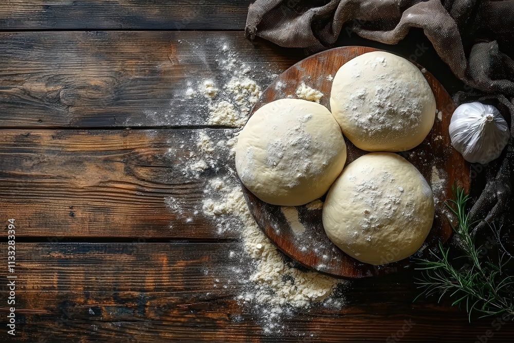 Soft dough rounds rest on a wooden board, surrounded by flour and a garlic bulb. Fresh rosemary adds a touch of green in the warm, rustic kitchen ambiance.