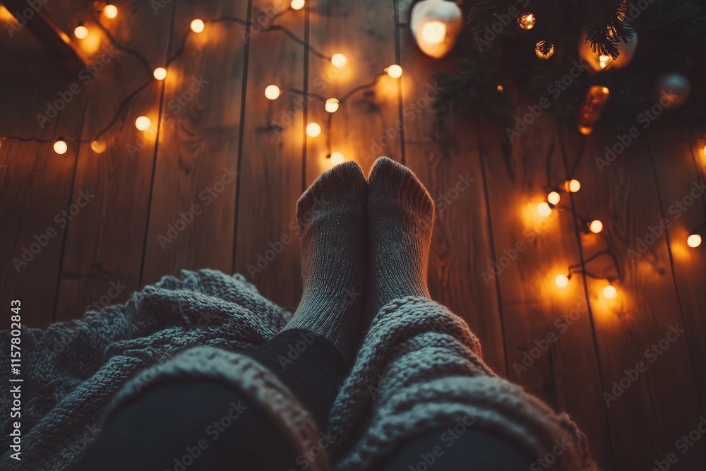 Soft glow from string lights fills the room as feet in warm socks rest on a cozy blanket. The atmosphere captures a peaceful moment of relaxation during the holiday season.