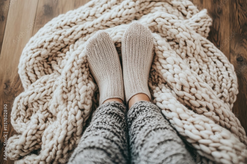 Soft, knit socks hug cozy feet as they rest atop a large chunky blanket on a rustic wooden floor, creating a warm and inviting atmosphere perfect for relaxation.
