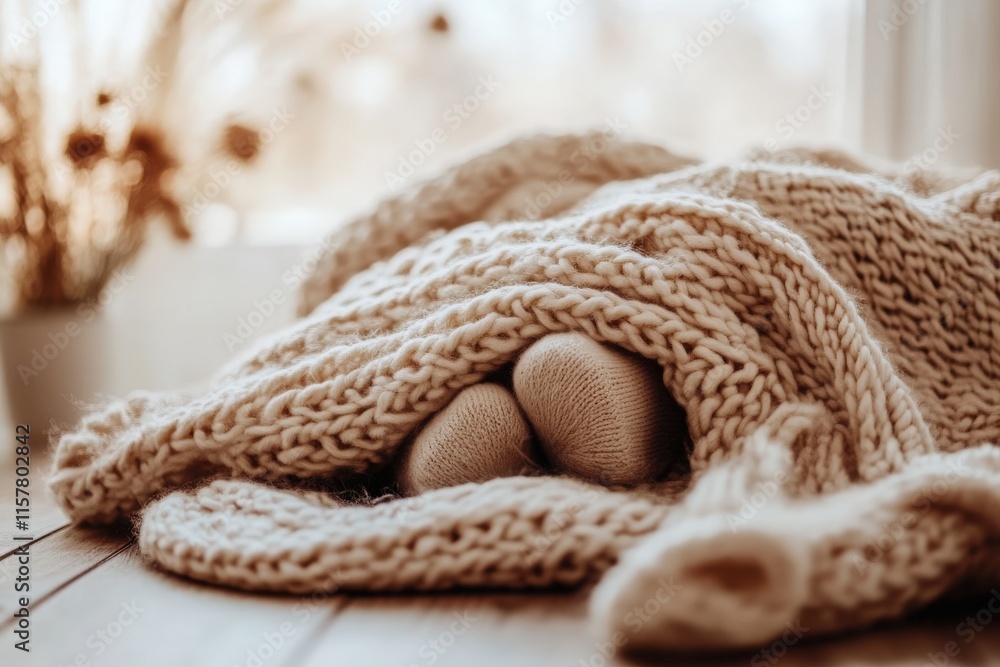 Soft, knitted blanket envelops a pair of cozy socks resting on a wooden floor beside a sunlit window. The warm atmosphere suggests comfort and relaxation on a pleasant afternoon.