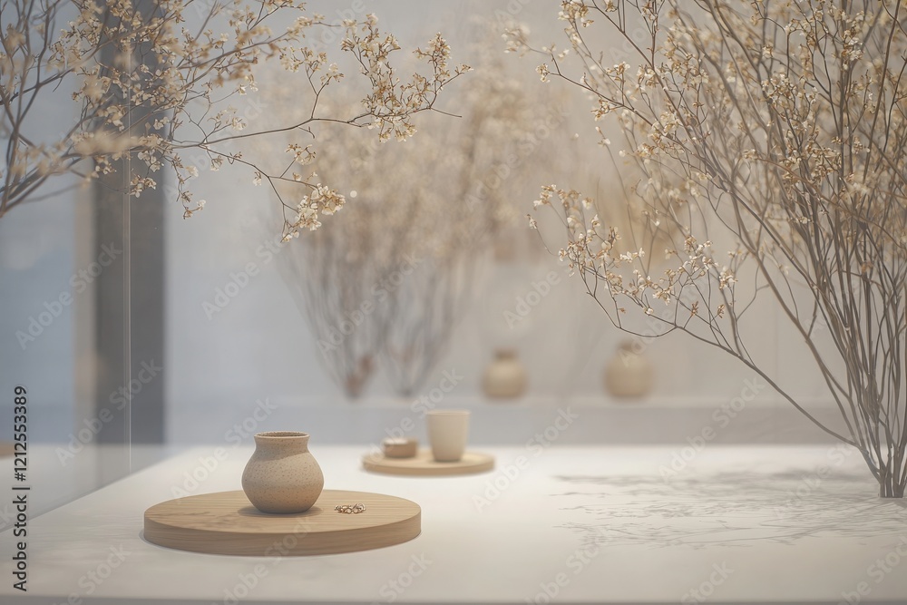 Softly lit arrangement features handcrafted pottery and blooming dried flowers scattered across minimalist wooden surfaces in a tranquil indoor setting.