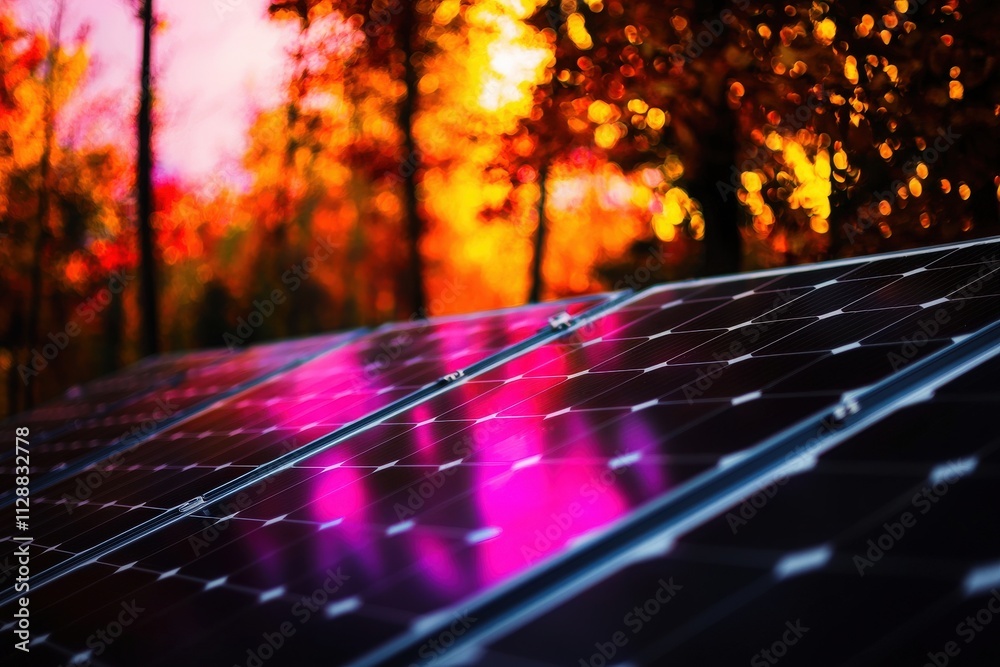Solar panels capture sunlight as they reflect vibrant autumn hues from surrounding trees. The warm tones create a captivating backdrop during the fall season in a peaceful landscape.