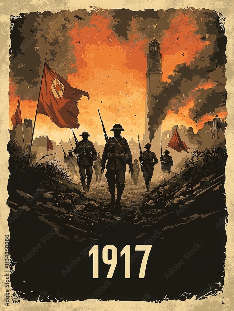 Soldiers equipped with rifles advance through a war-torn landscape. Dark smoke billows from buildings as flames illuminate the sky, creating a dramatic atmosphere of conflict in 1917.