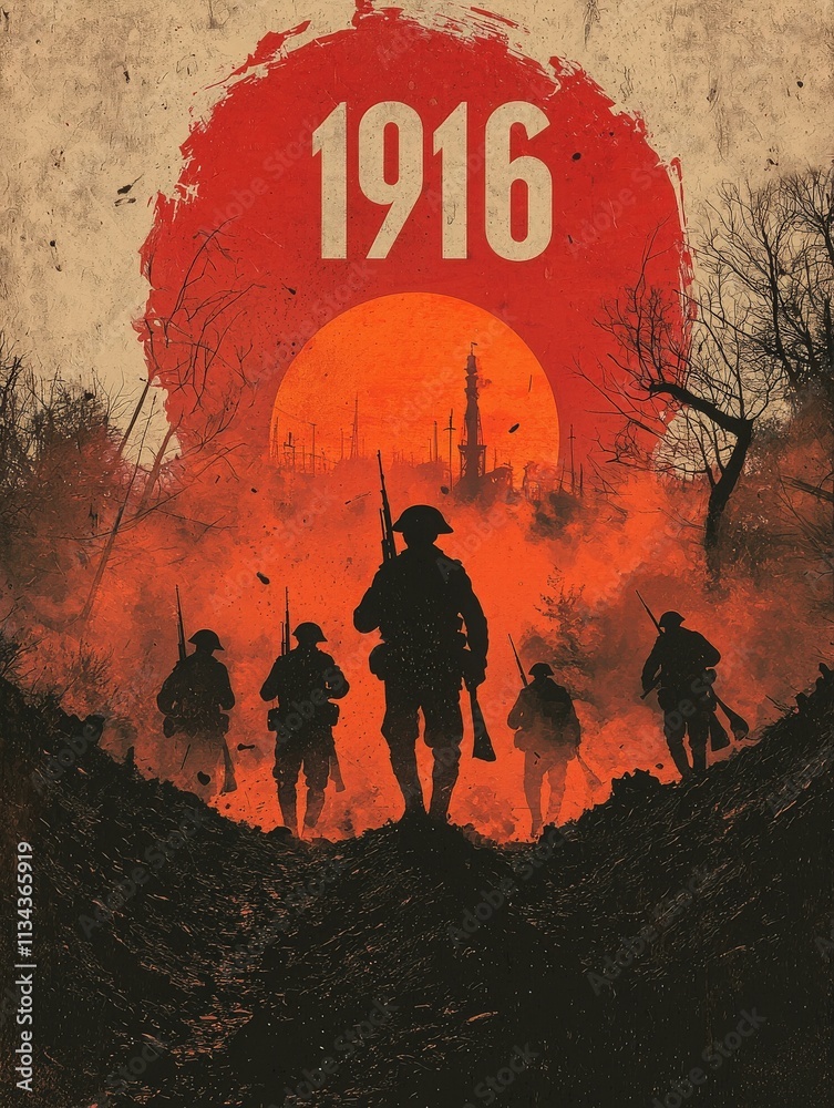 Soldiers march forward through a smoky landscape at dawn, silhouetted against a large sun symbolizing the year 1916. Their determination and the atmosphere evoke a sense of conflict.