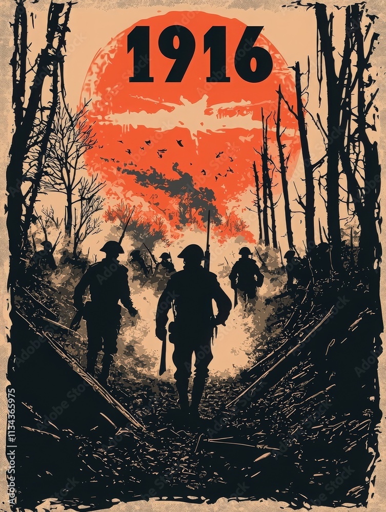 Soldiers march through a desolate, smoke-filled environment, silhouetted against an orange sun. The atmosphere conveys a strong sense of conflict and determination during wartime.