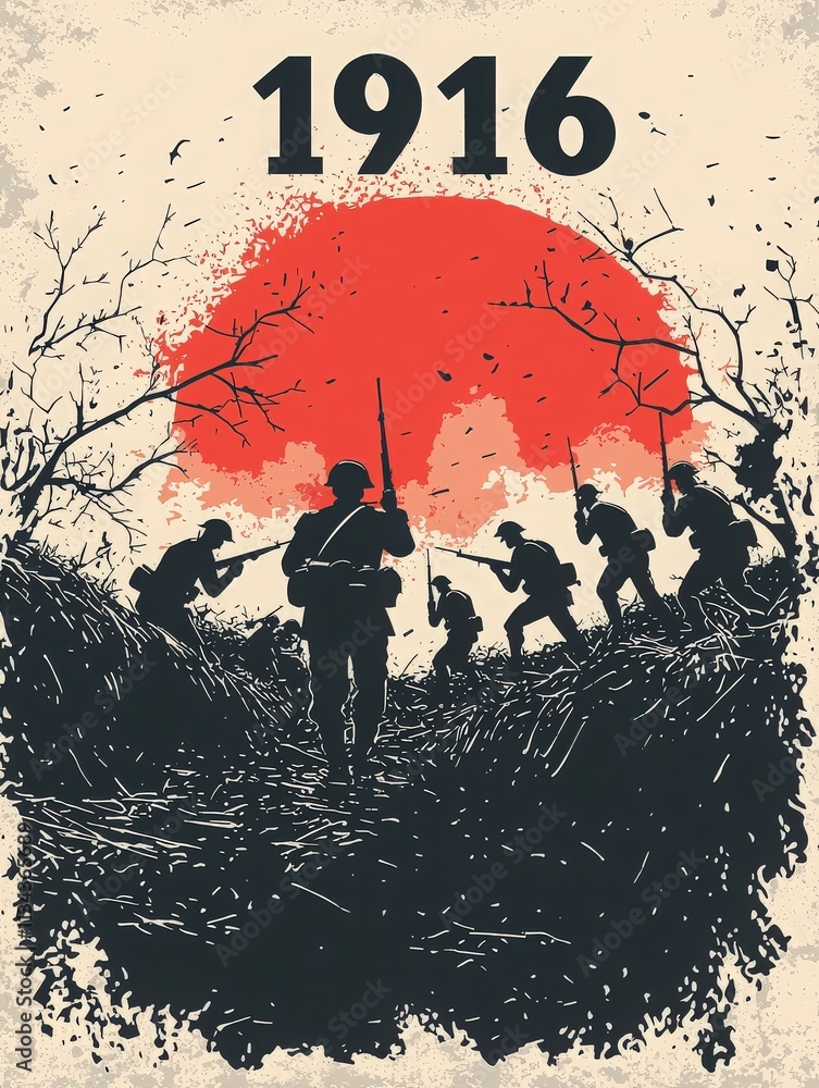 Soldiers march through a rugged landscape with rifles in hand, silhouetted against a fiery red sunrise representing the struggles of 1916. The scene captures the intensity of wartime.