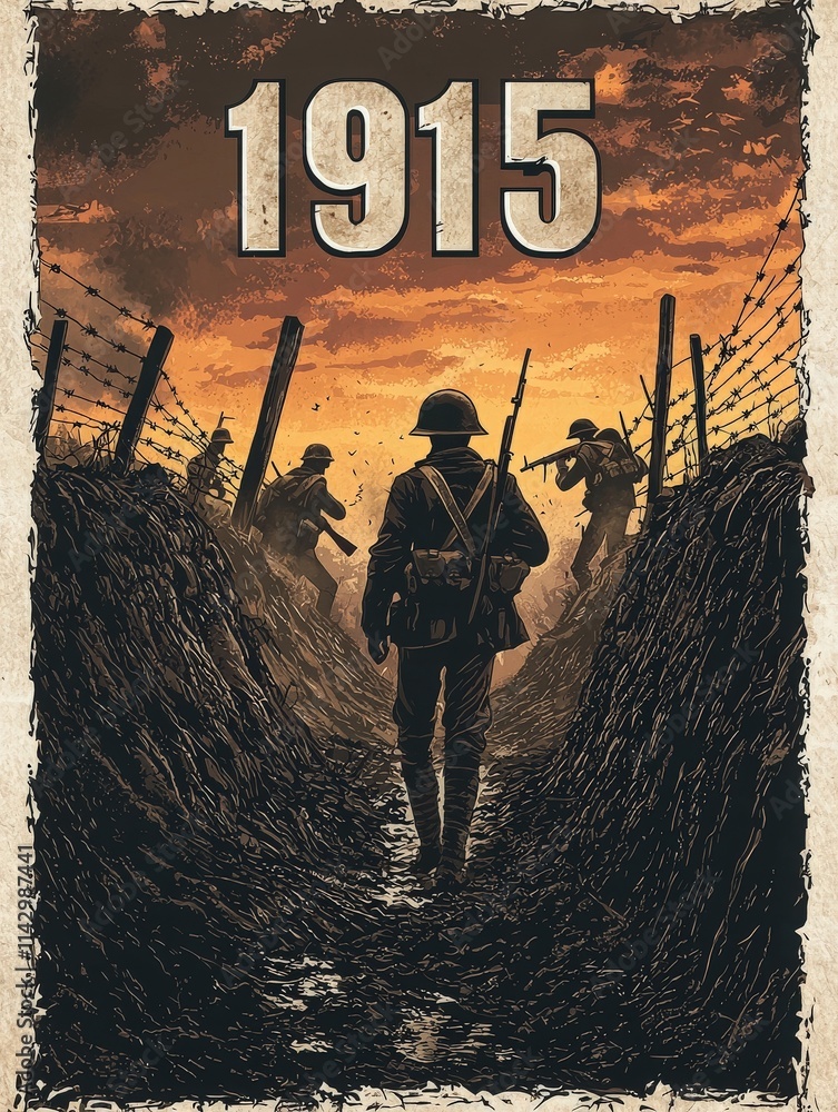 Soldiers navigate through muddy trenches as the sun sets, creating a dramatic backdrop. This moment captures the grit and determination of those involved in the conflict of 1915.