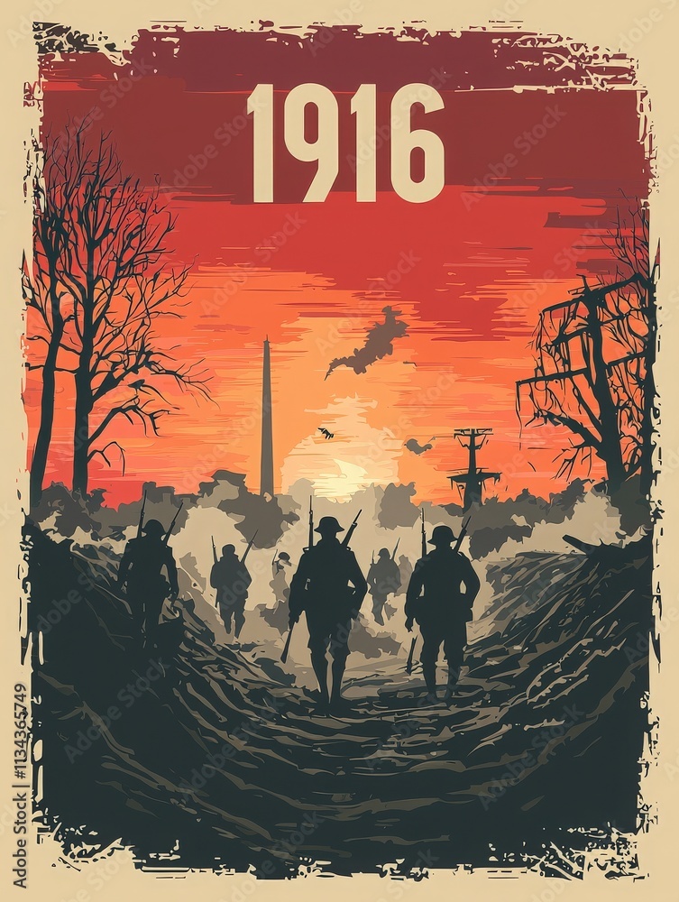 Soldiers walk along a dirt path in a barren landscape, silhouetted against a colorful sunset. The setting hints at a war environment with trees and ruins in the background, evoking the year 1916.