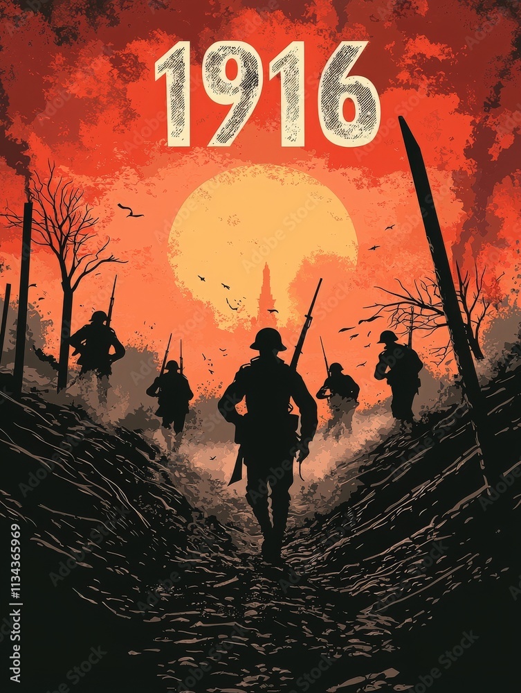 Soldiers walk in formation through a dark trench as the sun sets in a fiery orange sky. The atmosphere reflects a somber mood, capturing the essence of battle in 1916.