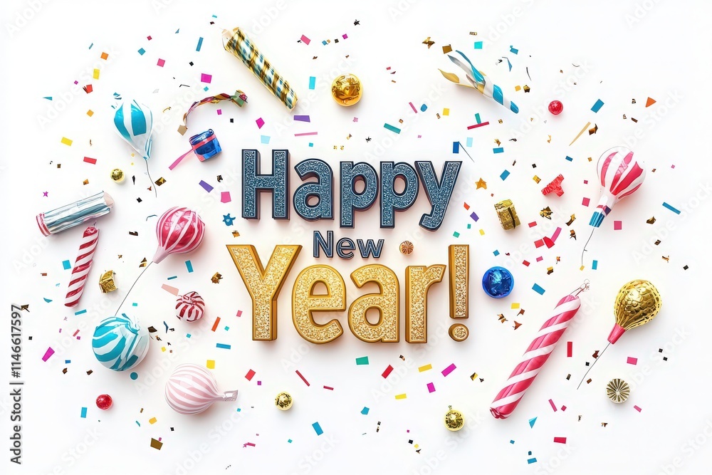 Sparkling decorations and colorful confetti create a lively atmosphere for New Year festivities. The message celebrating the arrival of the New Year stands out amidst playful party items.
